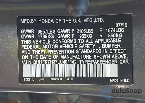 2020 Honda Civic Lx z USA, uszkodzony, nr VIN SHHFK7H37LU401142